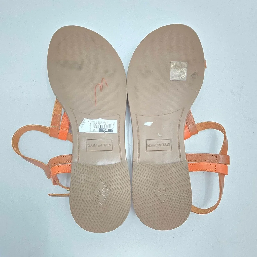 Eram Sandals women's 38‎ Brown Orange Leather T-Strap Made in Italy Buckle